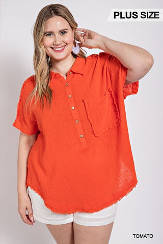 Raw Edge and Dolman Sleeve Popover Top (2 colors/Plus/Reg)