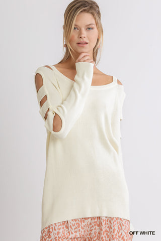 Umgee Boat Neck Sweater with Cutout Long Sleeves