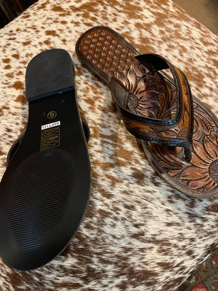 Tooled Leather flip flops