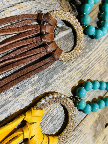 Turquoise Bead Necklace W/ Leather Tassel 3 Colors