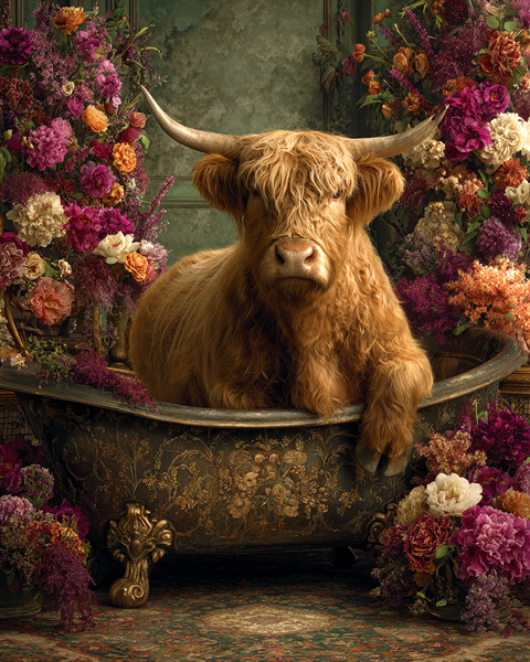Mowbi - Highland Cow Bathtub Still-Life - Bathroom Art 8"x10" Artwork for 11"x14" Frame