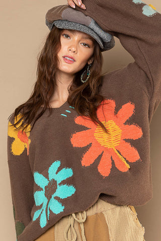 Brown Boho Sweater with Flowers