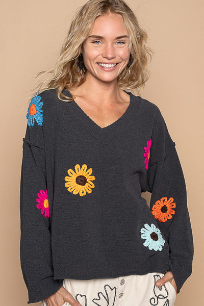 V Neck Sweater with Chenille Flowers