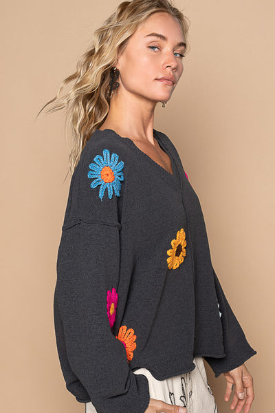 V Neck Sweater with Chenille Flowers