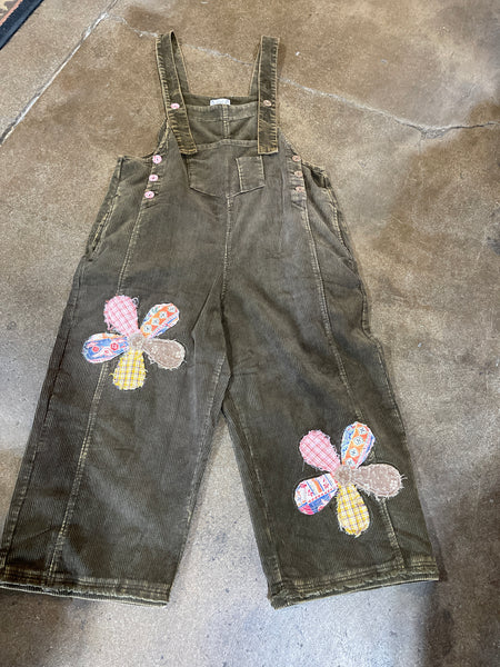 FLOWER PATCH WASHED CORDUROY DENIM OVERALLS