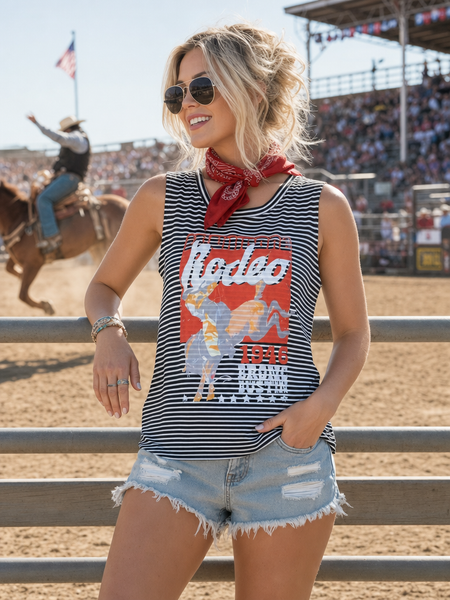 RENEE RODEO GRAPHIC STRIPED SLEEVELESS TOP