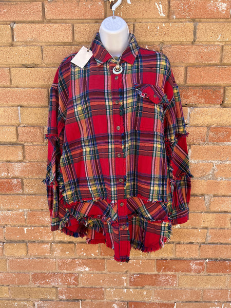 Plaid Self Fray Washed Button Down Shirt.