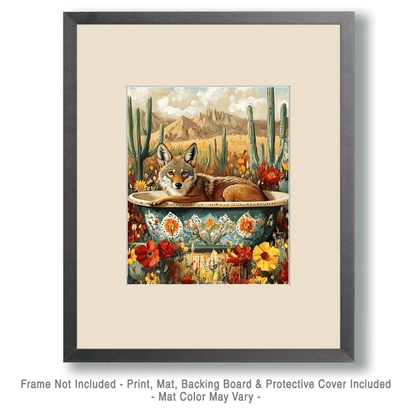 Mowbi - Coyote in a Bathtub - Southwest Bathroom Wall Art Prints – 8″x10″ Artwork for 11″x14″ Frame