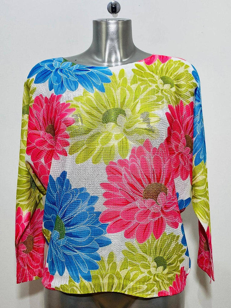 LOOWIE -  CFLO White Multi Floral Round Knit Printed Sweater
