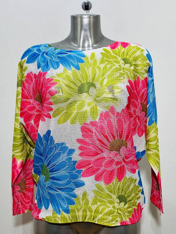 LOOWIE -  CFLO White Multi Floral Round Knit Printed Sweater