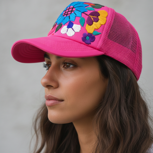 Lumily - Tulum Hand Embroidered Trucker Flower Hat - Mexico: Red Assorted