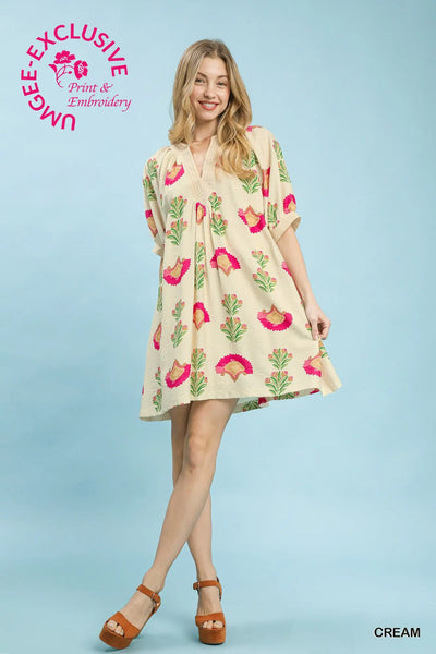 Cream Abstract Print Mini Dress