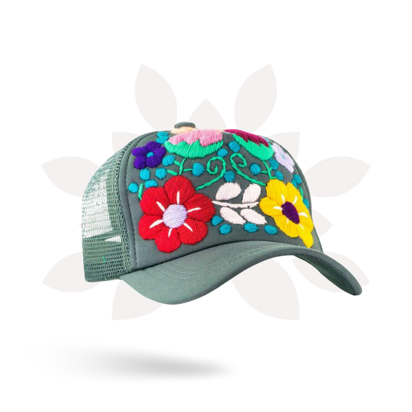Lumily - Tulum Hand Embroidered Trucker Flower Hat - Mexico: Red Assorted