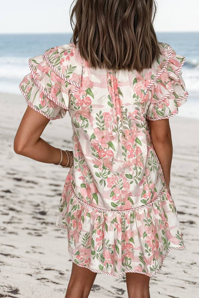 Floral Contrast Edge Layered Tied Neck Mini Dress