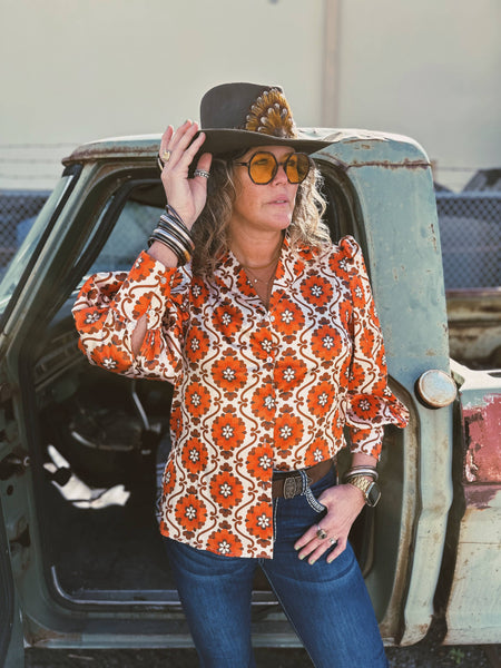 Poppy Flower Pouf Sleeve Button Up Blouse