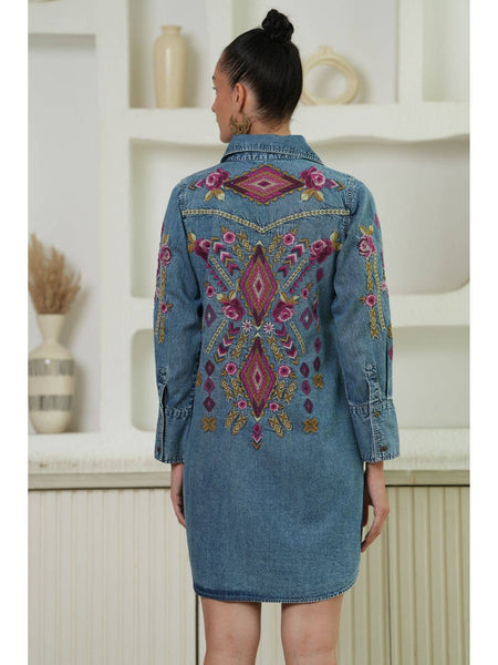 Avani Del Amour - Selena Embroidered Denim Shirt Dress: Ruby Gold