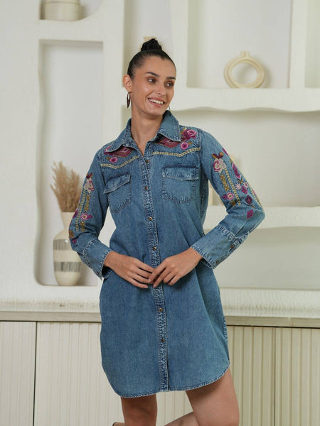 Avani Del Amour - Selena Embroidered Denim Shirt Dress: Ruby Gold