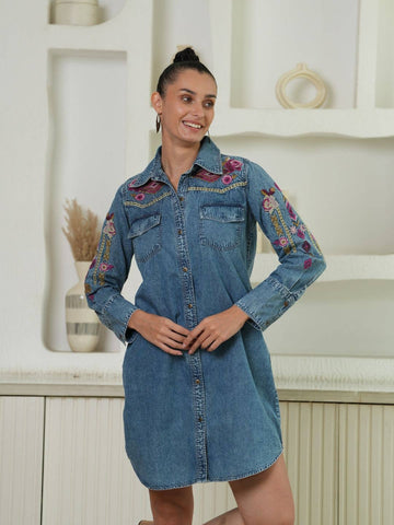 Avani Del Amour - Selena Embroidered Denim Shirt Dress: Ruby Gold