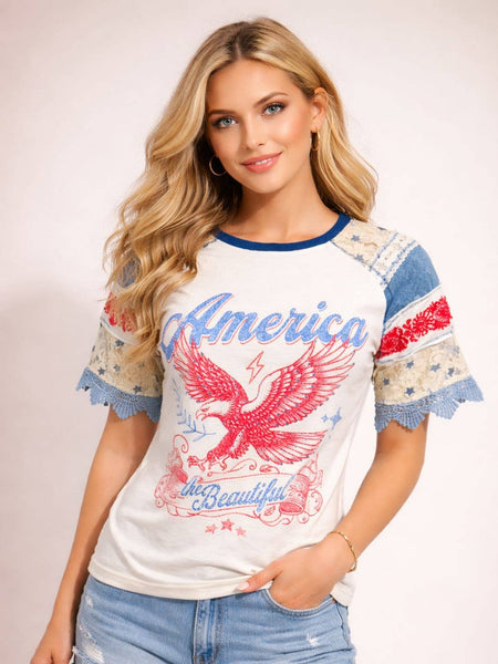 Avani Del Amour - America Eagle Graphic Lace Sleeve Casual T-Shirt: Off-White