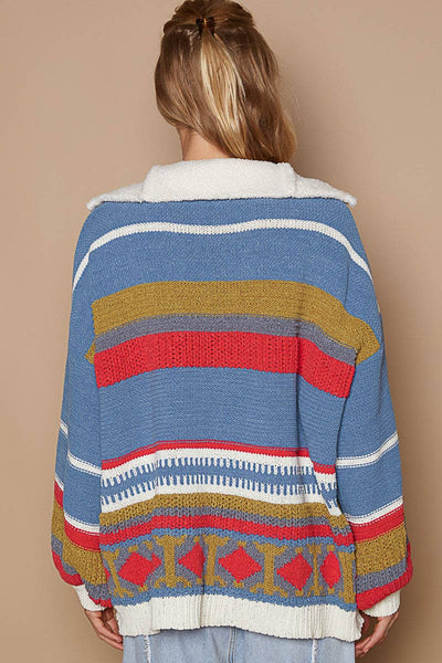 High collar half zipper ethnic color block pullover sweater