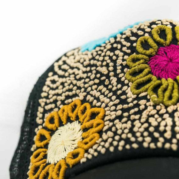 Lumily - Tulum Hand Embroidered Trucker Flower Hat - Mexico: Black Assorted
