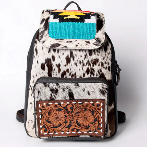 Backpack Hand Tooled Saddle Leather and Upcycled Canvas