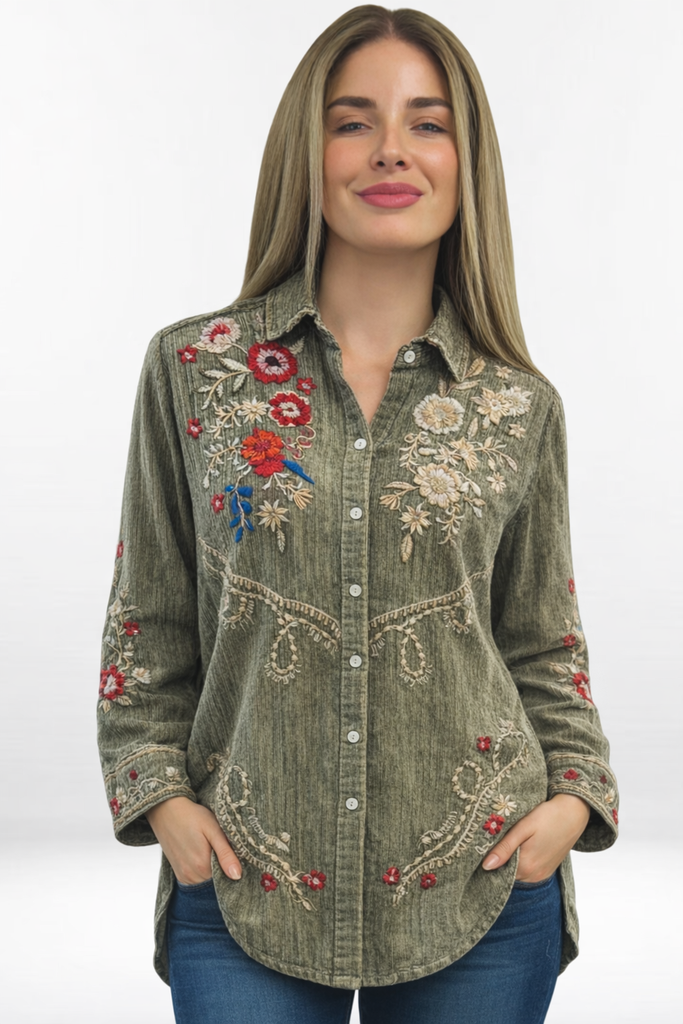 Caite & Kyla - LEIGH TUNIC | Embroidered Floral Button Up with Collar: XL