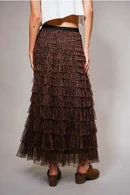 Leopard Print Tiered Ruffle Tulle Maxi Skirt