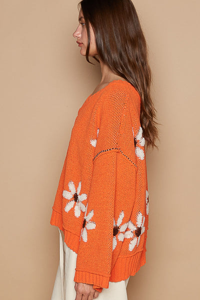 V-neck floral pattern chenille pullover sweater