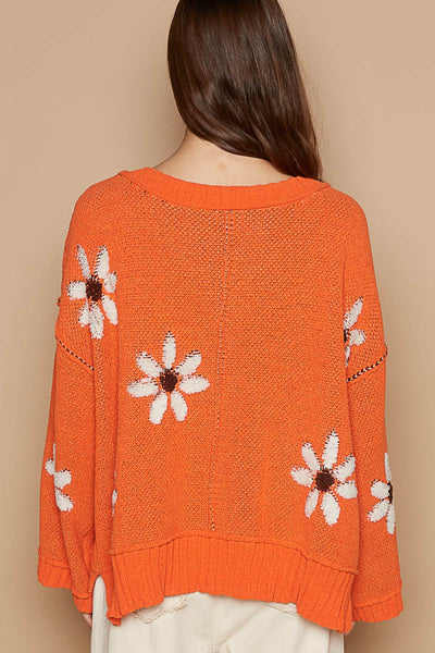 V-neck floral pattern chenille pullover sweater