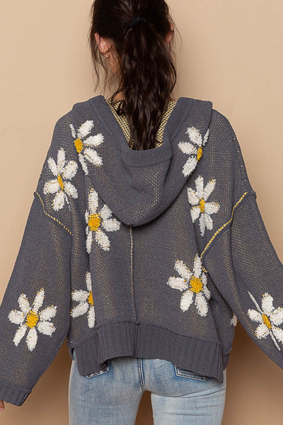 Hooded v-neck floral pattern pullover sweater