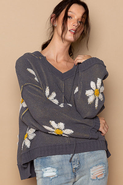 Hooded v-neck floral pattern pullover sweater