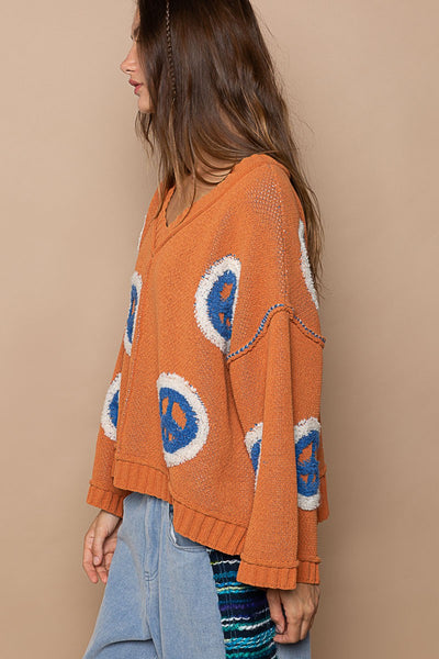 V neck long sleeve peace berber print sweater