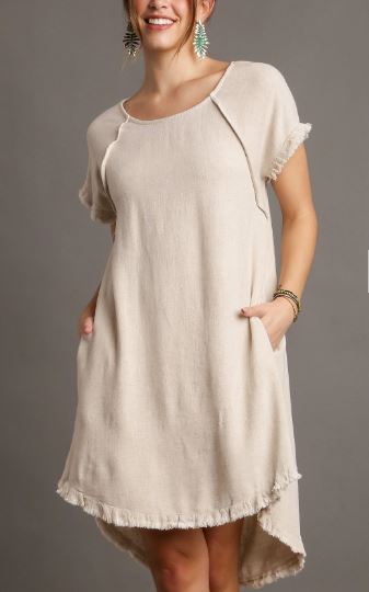 Linen Blend Round Neck Pocket Dress