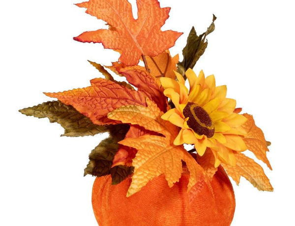 Faux Floral Table Décor, Autumn Sunflower in Pumpkin Vessel, 8"H