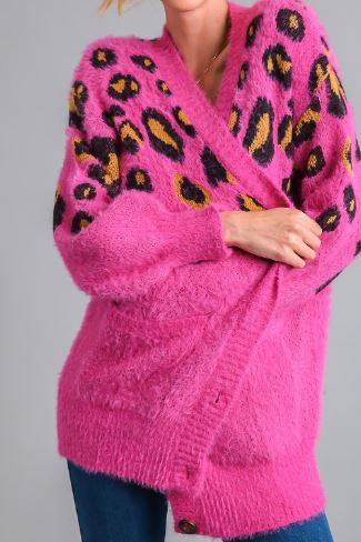 Magenta Animal Sweater Cardigan with Pockets and Button