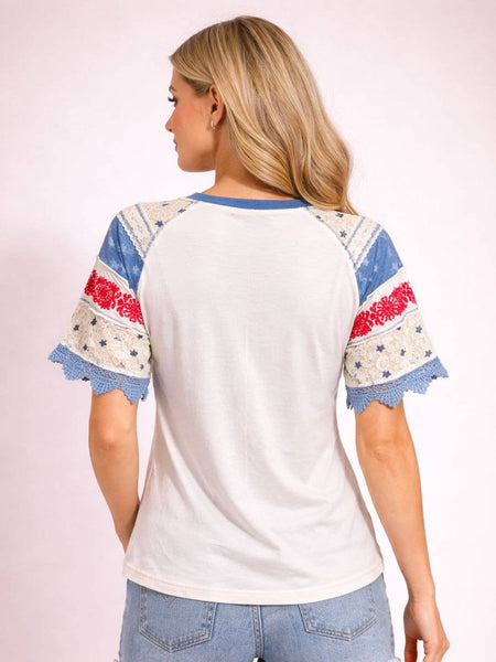 Avani Del Amour - America Eagle Graphic Lace Sleeve Casual T-Shirt: Off-White