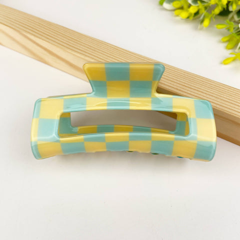 Checkerboard retro hair claw clip: Green yellow