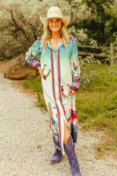 Ombre printed button down maxi shirt dress with long sleeve.