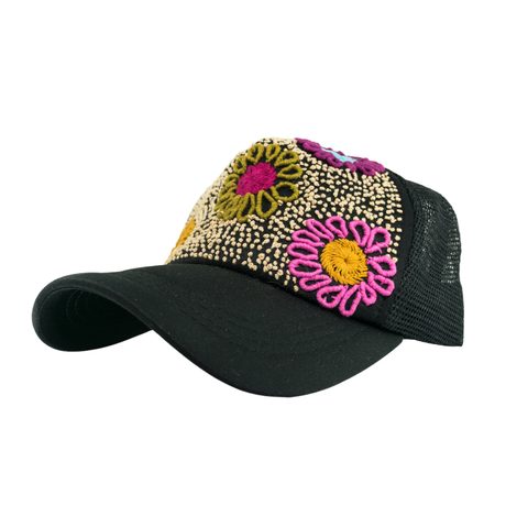 Tulum Hand Embroidered Trucker Flower Hat - Black