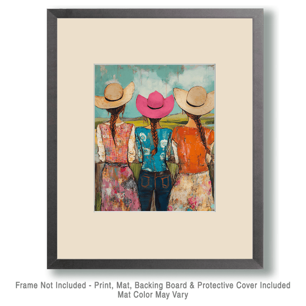 Mowbi - Folk Art Three Cowgirls - Wall Art Print - Coastal Cowgirl Couture - 8"x10" Artwork - 11"x14" Matte