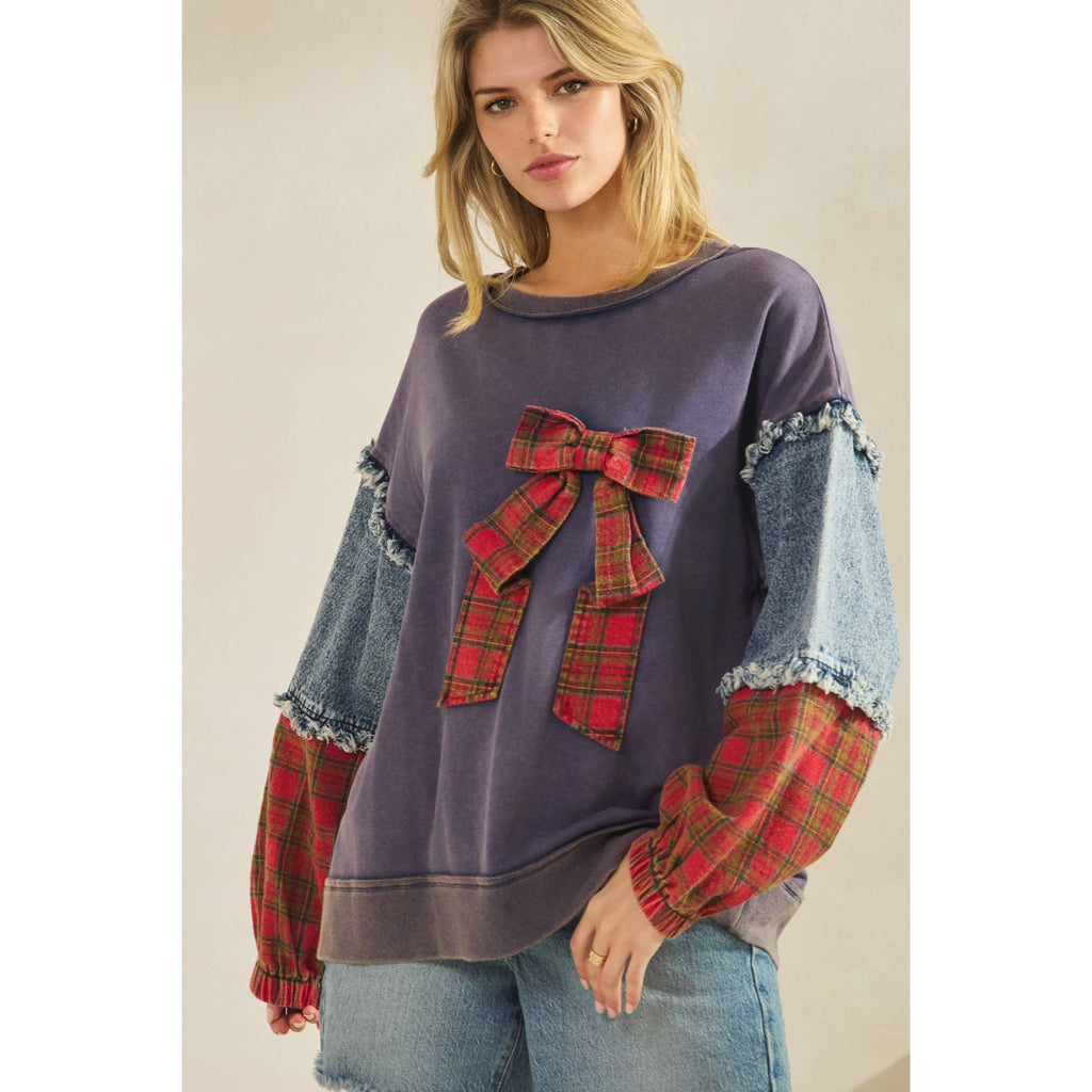 PLAID BOW DENIM SLEEVE PULLOVER