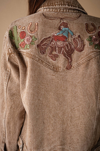 Mocha Western Embroidered DenimJacket