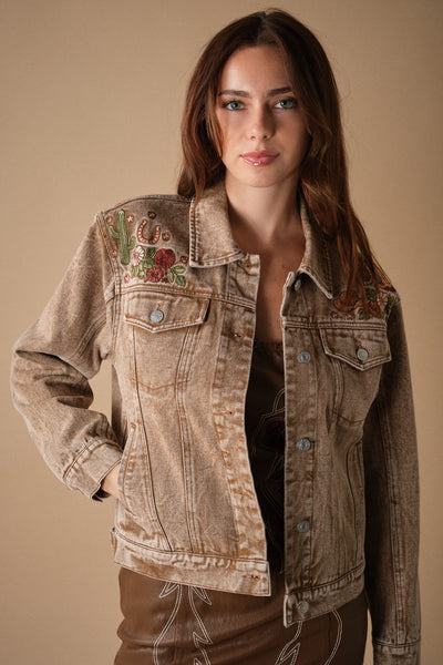 Mocha Western Embroidered DenimJacket