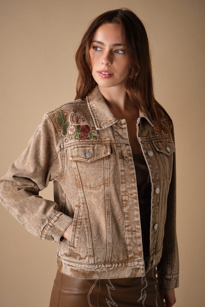 Mocha Western Embroidered DenimJacket