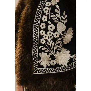 Embroidered Suede Vest with Fur Trim