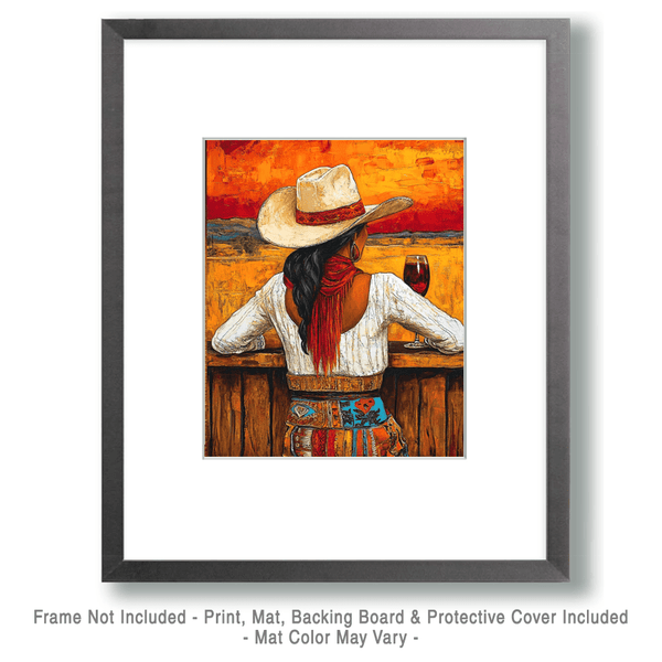 Southwest Cowgirl Enjoying Sunset with Vino