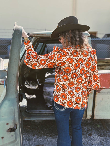 Poppy Flower Pouf Sleeve Button Up Blouse