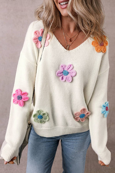 Beautiful Flower Detail Fuzzy V Neck Sweater