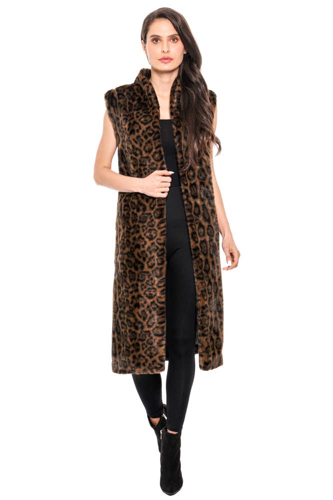 Leopard Print Long Faux Fur Vest